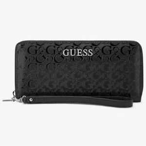 GUESS Women’s Logo Embossed Abbas SLG Zip Around Black Wristlet Wallet